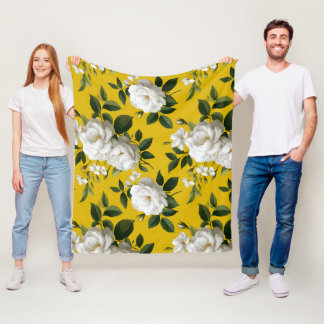 Couverture Polaire Motif floral blanc rose jaune classique