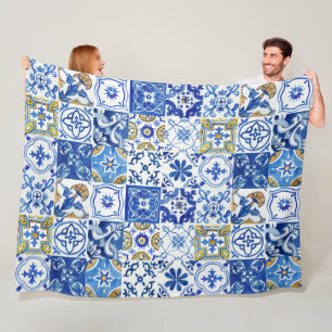 Couverture Polaire Motif Floral Bleu, Blanc & Jaune