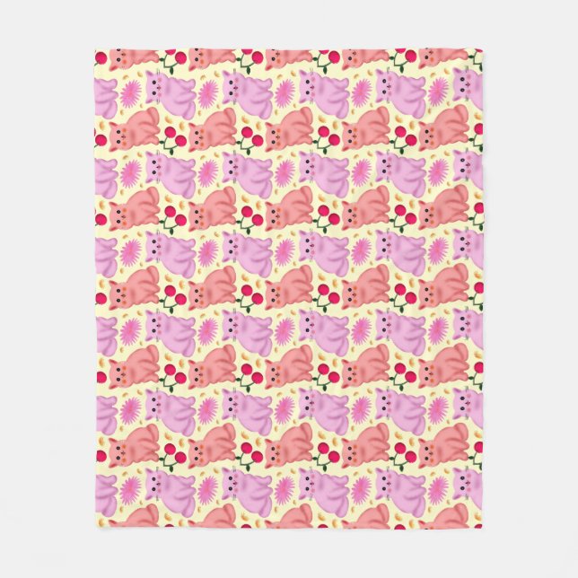 Couverture Polaire Motif floral Chat mignon Cerise | Chat Kawaii (Devant)