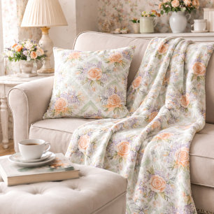 Couverture Polaire Motif floral Cottagecore pêche lavande sauge