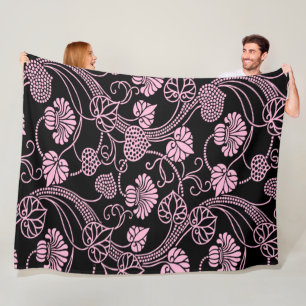 Couverture Polaire Motif floral rétro rose sur fond noir