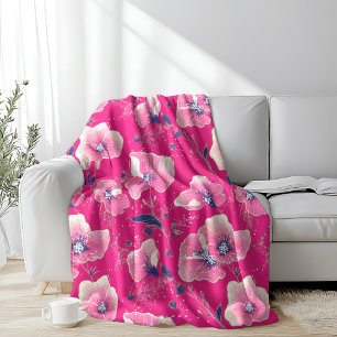Couverture Polaire Motif floral vibrant en rose, blanc et bleu royal