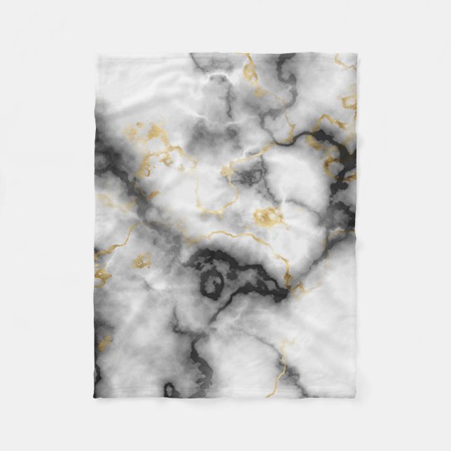 Couverture Polaire Motif gris noir blanc et or marbre (Devant)