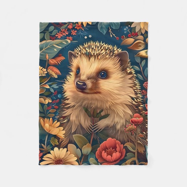 Couverture Polaire Motif Hérisson Floral de Jardin de Forêt Vintage (Devant)