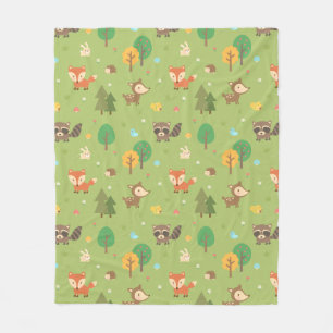 Couverture Polaire Motif joli d'animaux de la forêt en bois vert