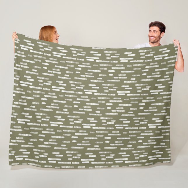 Couverture Polaire Motif Lignes arrondies | Blanc sur vert olive (En situation)