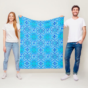 Couverture Polaire Motif mandala en batik bleu ciel et cobalt