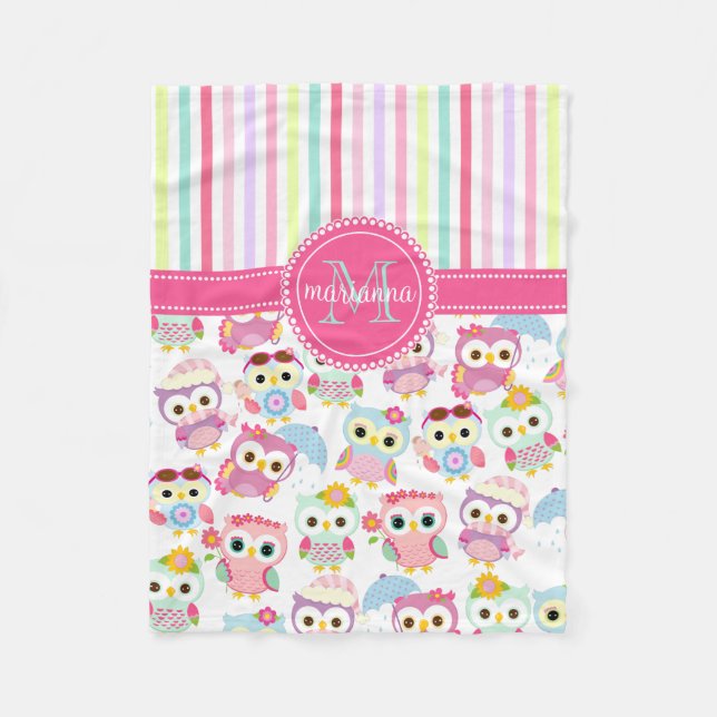 Couverture Polaire Motif mignon de hiboux roses Girly personnalisé (Devant)