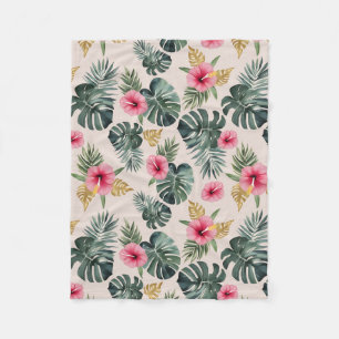 Couverture Polaire Motif Monstera et Hibiscus