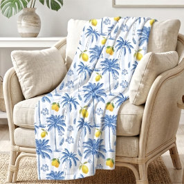 Couverture Polaire Motif Palmiers Citrons Toile Bleue