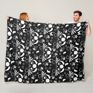 Couverture Polaire Motif Papillon Tourbillon Floral Noir Blanc