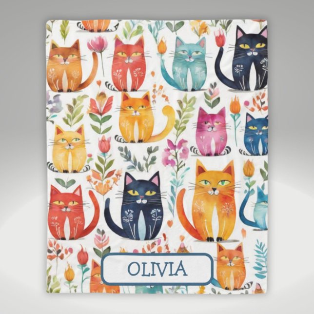 Couverture Polaire Motif personnalisé de chatons mignons et de fleurs (Créateur téléchargé)