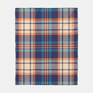 Couverture Polaire Motif plaid coloré en bleu, orange, beige. Sa