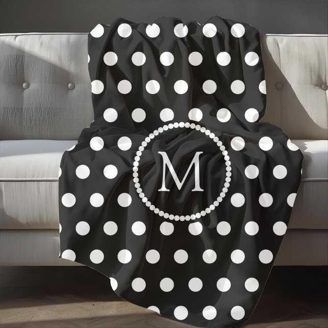 Couverture Polaire Motif Pois noir et blanc monogramme (Monogrammed Black And White Polka Dots Pattern Fleece Blanket)