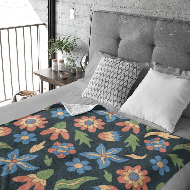 Couverture Polaire Motif Rétro Fleurs Groovy (Groovy Flowers Retro Pattern Fleece Blanket)