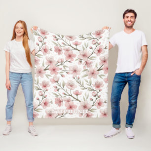 Couverture Polaire Motif Sakura en fleurs de cerises roses sur blanc 