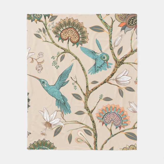 Couverture Polaire Motif sans couture beige avec fleurs stylisées et  (Devant)