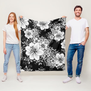 Couverture Polaire Motif sans couture floral vintage noir et blanc (3