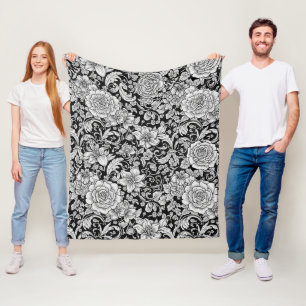 Couverture Polaire Motif sans couture floral vintage noir et blanc (6