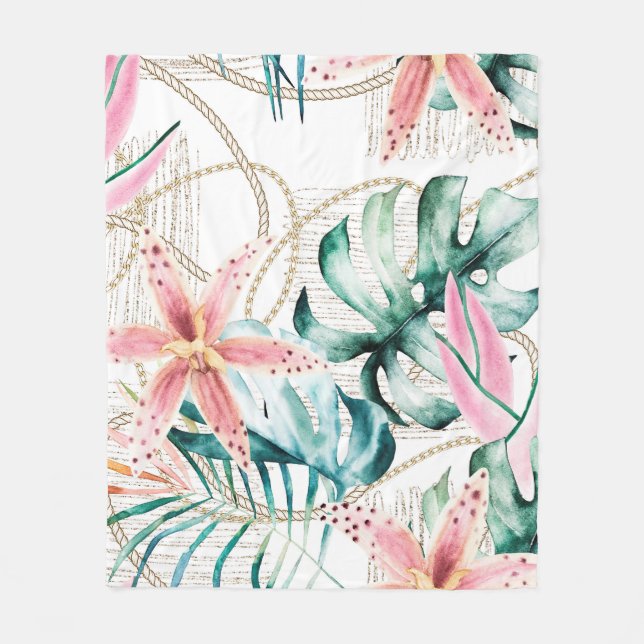 Couverture Polaire Motif sans soudure tropicale avec feuilles d'orchi (Devant)
