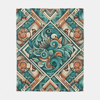 Couverture Polaire Motif sarcelle et terracotta inspiré des Aztèques
