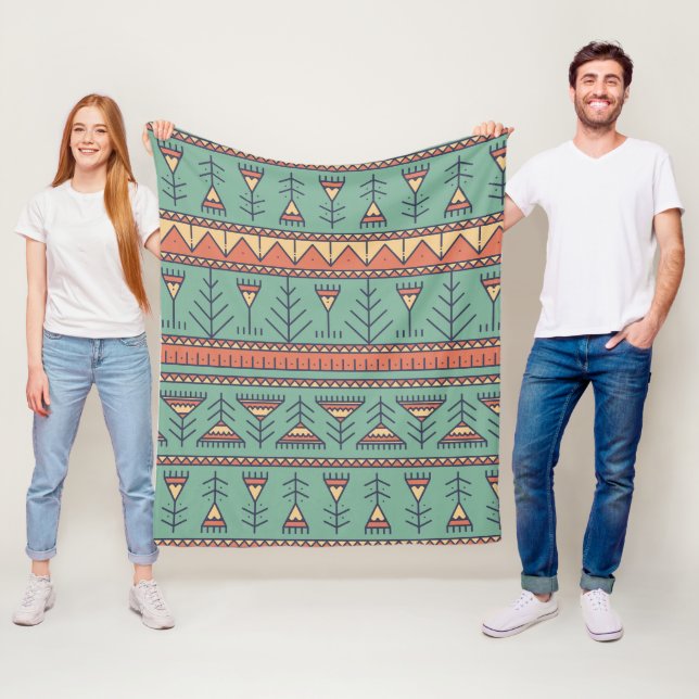 Couverture Polaire Motif tribal du sud-ouest Bleu et brun. (En situation)