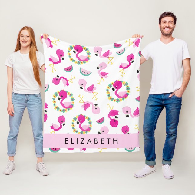 Couverture Polaire Motif tropical, Flamants roses, Fleurs, Votre Nom (En situation)