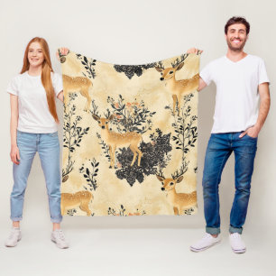 Couverture Polaire Motif vintage de faon et de fleurs de la forêt (10