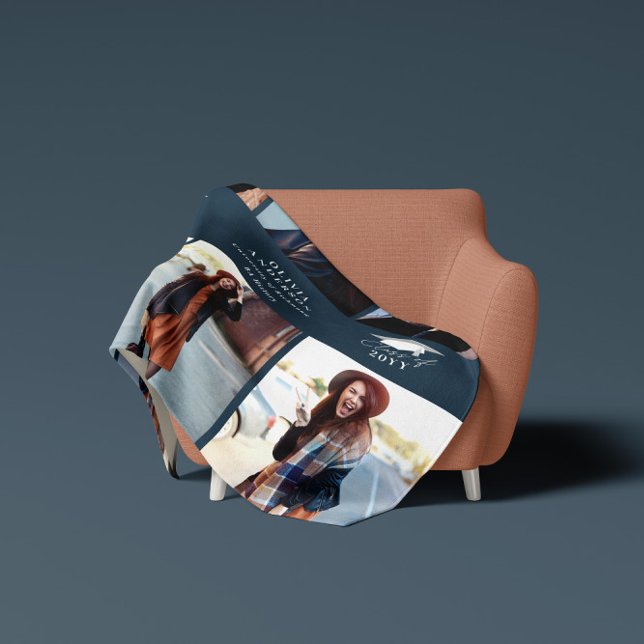 Couverture Polaire Multi photo moderne marine bleu script graduation (Créateur téléchargé)