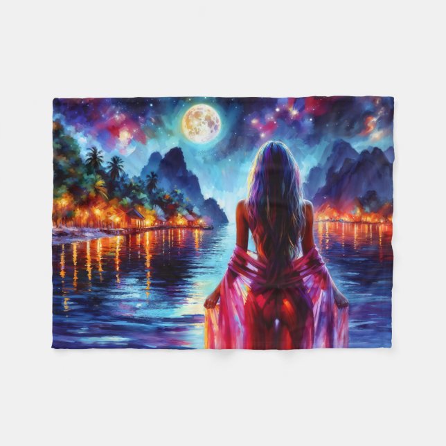 Couverture Polaire Mystic woman under full moon reflections art (Devant (Horizontal))