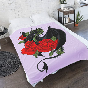 Couverture Polaire Mythique Dragon Noir Roses Rouges Lavande Gothique