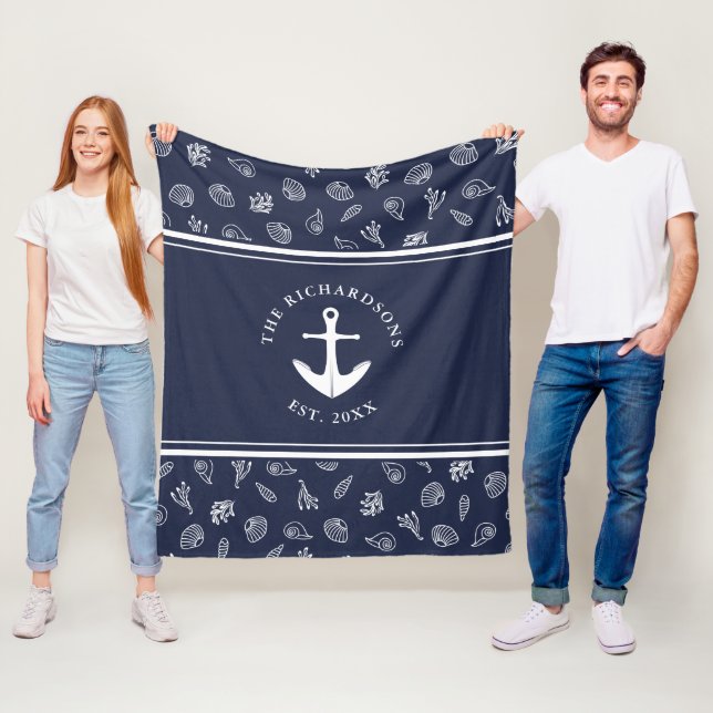 Couverture Polaire Nautical Navy Blue Nom de famille Ancre (En situation)