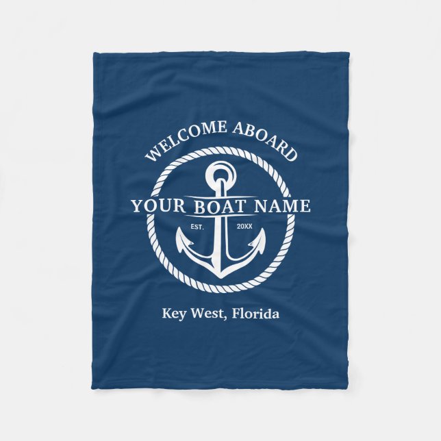 Couverture Polaire Nautical Navy Blue Welcome Aboard Nom du bateau An (Devant)