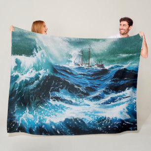 Couverture Polaire Navire dans la mer dans la tempête, Nautique, Bleu