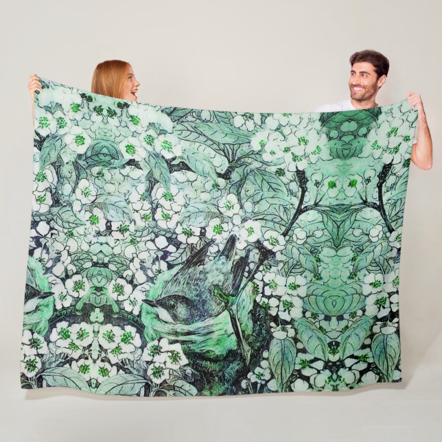 COUVERTURE POLAIRE NID D'OISEAU, ARBRE, FLEURS DE PRINTEMPS BLANC VER (En situation)