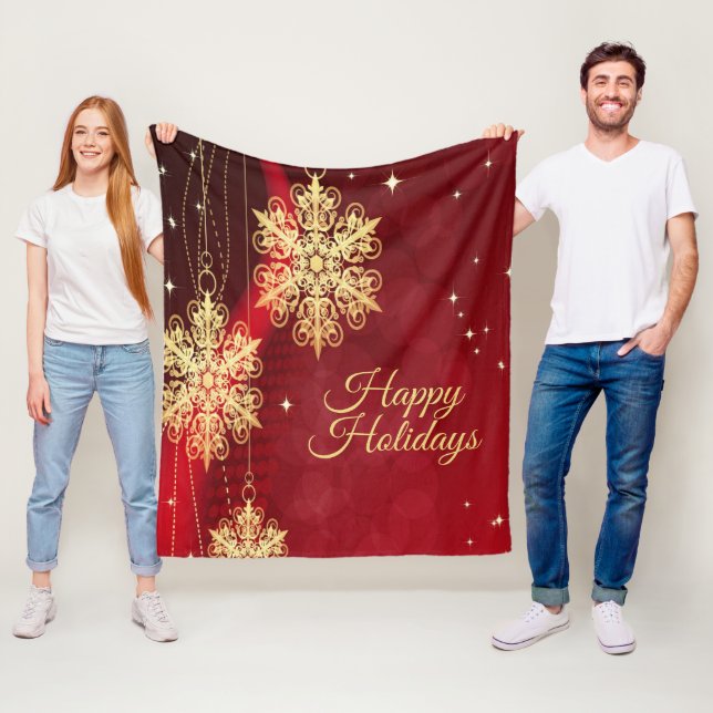 Couverture Polaire Noël cadeau Red Golden Snowflakes Holiday (En situation)