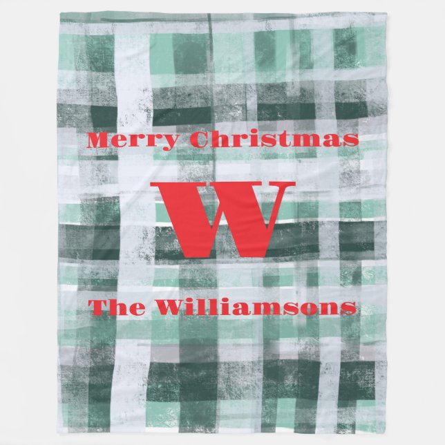 Couverture Polaire Noël monogramme plaid tartan vert blanc rouge (Devant)