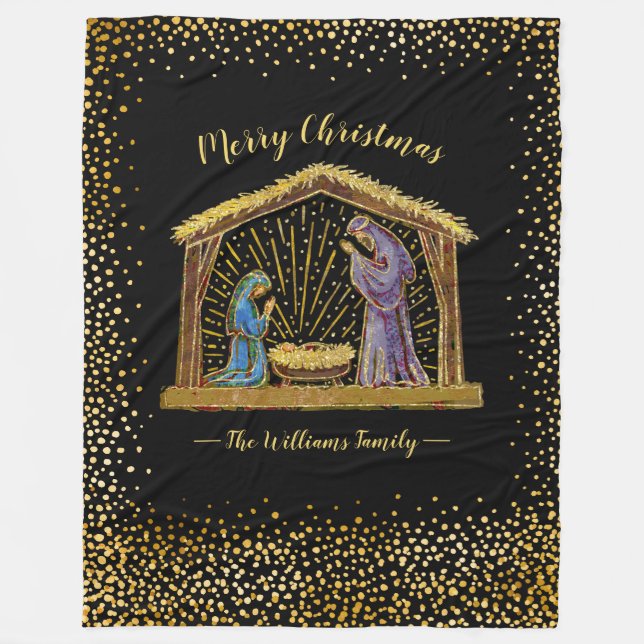 Couverture Polaire Noël Nativité Manger Gold Black Nom de famille (Devant)
