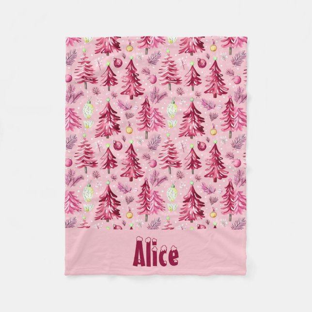 Couverture Polaire Noël Neige et Arbres Fuchsia & rose avec le nom (Devant)