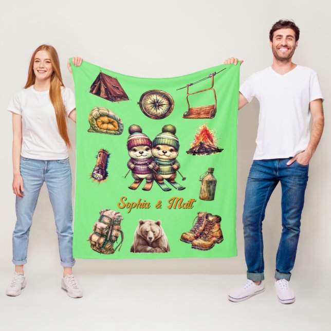 Couverture Polaire Noël Neige ski Otter Couple Outdoor Mint Green (En situation)