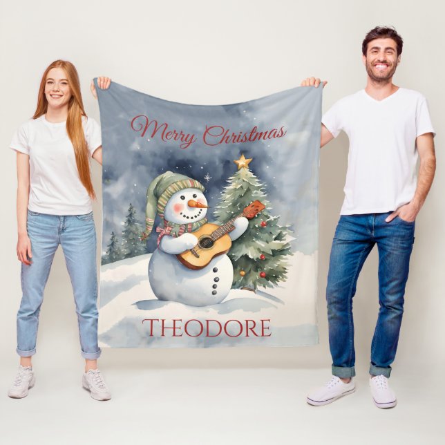 Couverture Polaire Noël personnalisé de guitare Snowman (En situation)