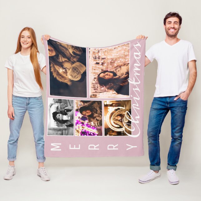 Couverture Polaire Noël rose vif moderne 5 Photo Collage (En situation)