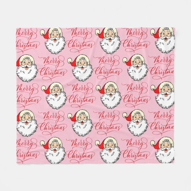 Couverture Polaire Noël Vintage Santa Claus Pink Fleece Blanche (Devant (Horizontal))