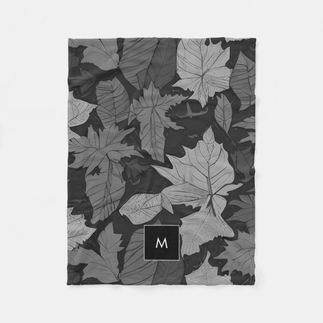 Couverture Polaire Noir blanc feuille  monogrammé motif (Devant)