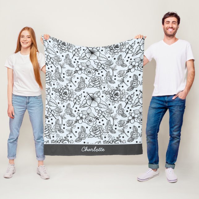 Couverture Polaire Noir & blanc floral sans soudure motif avec nom (En situation)