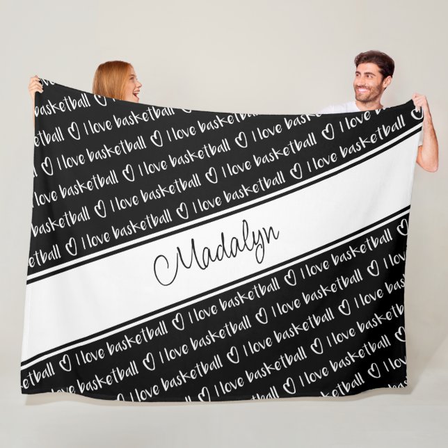 Couverture Polaire noir blanc J'aime basketball texte motif (En situation)