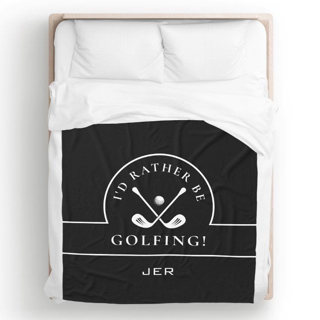 Couverture Polaire Noir & Blanc J'aime mieux jouer au golf Monogrammé (Black & White I'd Rather Be Golfing Monogrammed Fleece Blanket Unique Custom Gift For Golfers)
