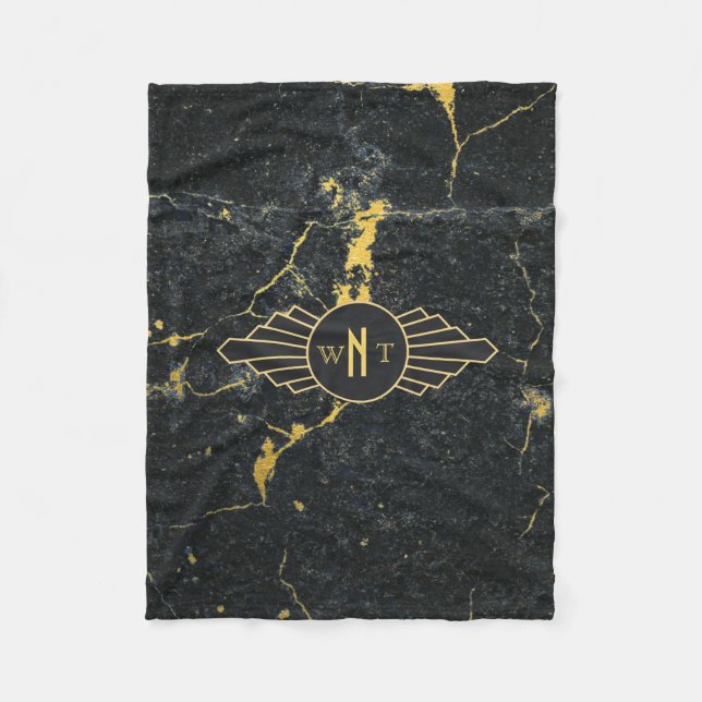 Couverture Polaire Noir Marbre trois lettres Monogramme Art Déco (Devant)