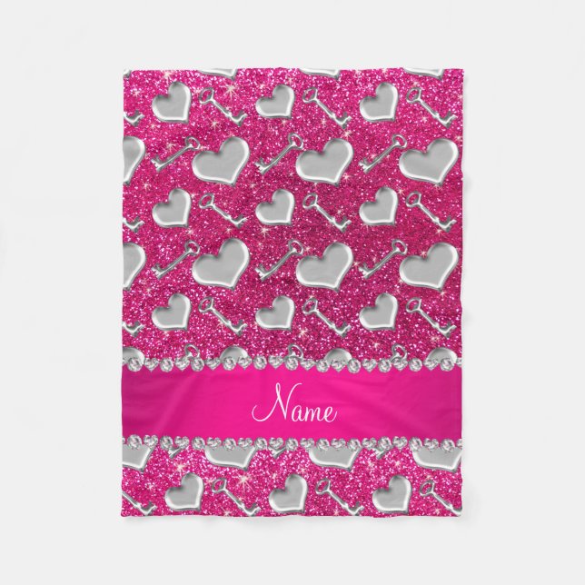 Couverture Polaire Nom coeur argent clés neon parties scintillant ros (Devant)