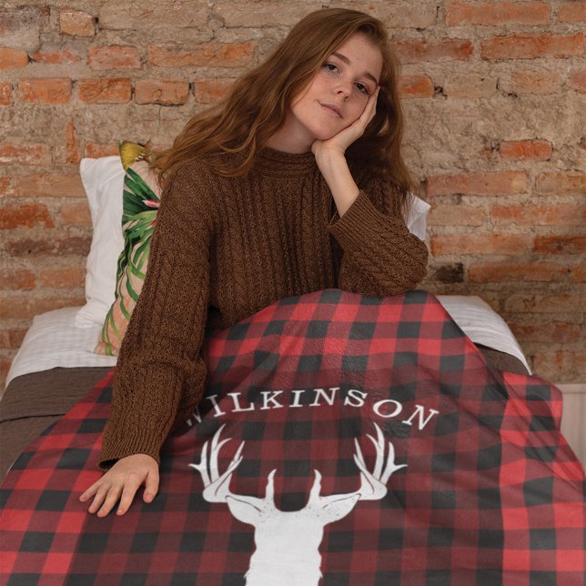 Couverture Polaire Nom de famille Red Buffalo Lumber Plaid Lake (Red Black Gingham Deer Antler Rustic Blanket)